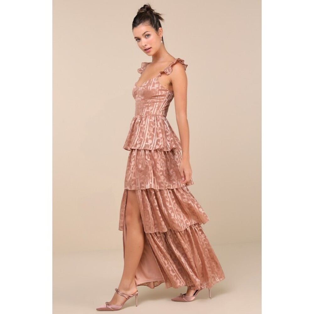 Lulus Stunning Glory Dusty Pink Floral Jacquard Tiered Maxi Dress - Size S